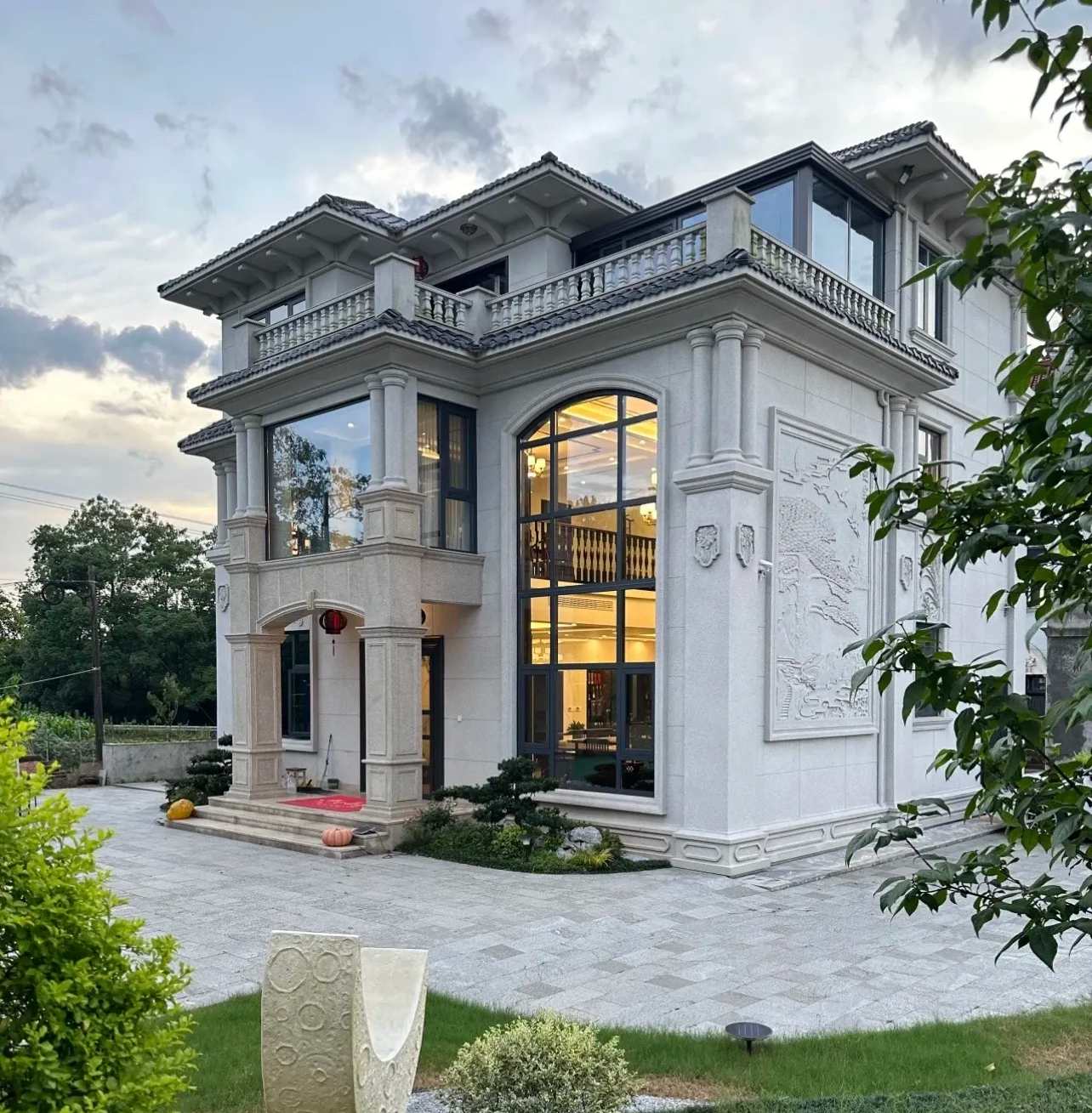 白山 白麻花岗岩私人别墅干挂石材豪华定制